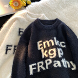 POUM马海毛慵懒风圆领毛衣男秋冬新款字母打底衫美式潮牌宽松情侣外套 YHSFG-MY116黑色 XL