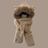 目丸围巾女秋冬季鹿角毛茸茸护耳三件套双层加厚围脖手套帽子一体保暖 2#鹿角毛绒一体帽驼色