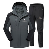 骆驼冲锋衣套装男女三合一可拆卸加绒加厚防水防风户外大码登山外套装 男-军灰+黑裤[一整套] XL 男 [建议120-140斤]