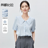 尚都比拉时尚优雅衬衣女夏季刺绣翻领泡泡袖衬衫上衣 空气蓝 M