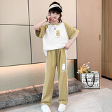 艾诺轮女童休闲套装夏装款儿童装衣服中大童少女学生短袖运动长裤两件套 YC拼接兔套装-夏-卡其 170 建议身高160-170CM左右