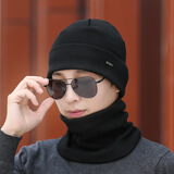 简时行帽子男秋冬保暖毛线帽百搭纯色包头针织帽户外运动骑行加绒防寒帽 铁标（帽子+脖套）黑色 均码