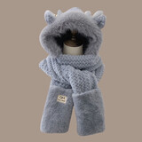 目丸围巾女秋冬季鹿角毛茸茸护耳三件套双层加厚围脖手套帽子一体保暖 4#鹿角毛绒一体帽灰色