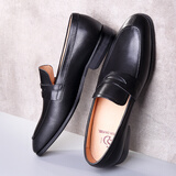 【发顺丰空运】上顿丹尼男鞋男士休闲乐福鞋头层牛皮鞋英伦大小码一脚蹬真皮懒人高档皮质商务轻便男鞋子 黑色 40