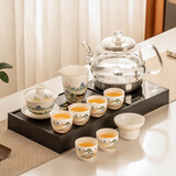 瓷牌茗茶具 仿乌金石茶盘茶具整套家用自动上水烧水壶茶台一体式煮茶器套装 乌金仿石抽水茶盘+茶壶+盖碗 10件