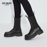 DEEP BREATH深呼吸女鞋轻盈牛皮高筒切尔西靴烟管靴女靴AX15132 黑绒 38