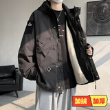 魄克工装冲锋棉服男冬季加绒加厚羊羔绒加大码棉衣外套宽松痞帅棉袄子 黑色加绒款 XL 120-140斤