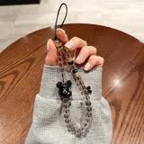 高端手机链小挂件串珠挂绳手腕手链腕带高级挂饰挂链绳子挂手网红精致女适用苹果壳潮牌新款防丢u盘水晶链子 透明珠黑xx熊头黑花手链