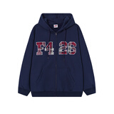 F426【赵露思同款】春季嘻哈宽松大logo格子贴绣卫衣外套 藏青色  XL