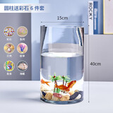 团圆月加厚大小号玻璃圆柱鱼缸客厅家用落地花瓶圆形圆柱形水培直筒 15*40圆柱+彩石6件套