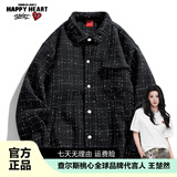 查尔斯桃心秋季新款宽松美式高街厚款潮牌学生翻领格子工装夹克外套男女同款 黑色 2XL