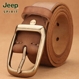 吉普（JEEP）头层纯牛皮腰带男青年手工皮带真皮针扣简约复古裤带潮休闲父亲节 1043【高端铜扣】棕色 115cm