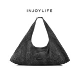 INJOYLIFE牛仔系列丹宁气囊包骑行斜挎包复古轻便旅行包大容量单肩包 黑灰 大包