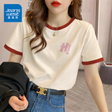 真维斯（Jeanswest）t恤女夏季装新款纯棉短袖上衣服女装宽松撞色休闲慵懒风正肩半袖 米砖红 线条HI粉_K L