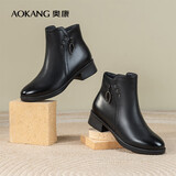 奥康（Aokang）官方女鞋冬季新款时尚舒适加绒简约真皮女靴保暖防滑妈妈棉鞋 黑色 38 (240mm)