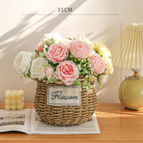 迷.妆茶几花 仿真花艺北欧风盆栽INS装饰假花餐桌家居摆件客厅套装桌花 草编篮+4束混色奥斯汀玫瑰