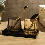 范爷家玻璃漱口杯3件套ins风水杯情侣酒店宾馆宿舍洗漱杯带把刷牙杯子 无把六角琥珀+烟灰+亚克力黑托盘