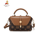 稻草人女包斜挎包真皮旗舰小包单肩包新款小方包手提包撞色老花妈妈包 大版深棕色22.2*10*15.8cm