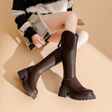 达芙妮不过膝靴子女长筒靴秋冬瘦瘦靴骑士靴高跟复古长靴女 棕色 35