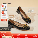 NINE WEST/玖熙低跟单鞋牛漆皮浅口方头金属饰扣工作女鞋NF445006FK 黑色37