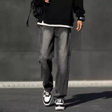 莫小刀复古烟灰色牛仔裤男秋冬季美式高街裤子男款直筒宽松阔腿休闲长裤 烟黑色 T1705【高品质】 XL 建议120-140斤