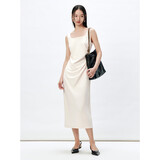 太平鸟女装连衣裙方领无袖气质吊带春收腰抽皱中长款裙子 米白 M 