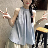 贞喜气挂脖吊带背心女夏季外穿温柔韩系气质褶皱无袖露肩上衣蓝色衬衫 【浅蓝色】 均码