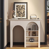法式复古岩板玄关柜走廊艺术极简玄关桌靠墙双拱形设计置物架新款 米白色  90纯白岩板  带置物柜
