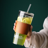 圆舍带吸管杯玻璃水杯成人大容量美式冷萃咖啡杯奶茶杯大号印花喝水杯 大号都市吸管杯【皮革防烫杯套】