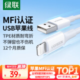 绿联【MFi认证不弹窗】苹果充电线快充数据线USB to Lightning闪电接口适用iPhone14/13/12手机平板1m