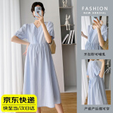 晴碧琳孕妇连衣裙 夏装短袖孕妈装夏季可哺乳宽松中长裙大码裙子V领产后 蓝色 XL丨参考体重120-150斤