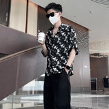 棉之雪短袖衬衫男蝴蝶印花衬衫海边度假夏季冰丝痞帅时尚潮流高级感衬衣 蝴蝶花衬衫-黑色 XL 【160CM-170CM】