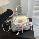 锋上包包女包网红双肩包亮皮小背包可爱时尚少女双肩包银色休闲书包 银色（带挂件）