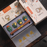 BOSSY故宫风文创招财石狮子一对好事发生创意茶宠摆件工艺品摆件伴手礼 事业有成【彩金】+木底座+礼盒