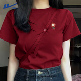 回力短袖女t恤夏季2025超火酒红色显白纯棉半袖宽松高级胖mm大码女装