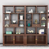 品稻新中式博古架实木摆件架子茶柜隔断屏风茶室茶叶架展示架酒柜书架 胡桃色一对中抽192*30*196cm