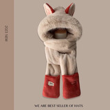 笙格儿火狐狸耳朵毛绒帽子女冬季保暖护耳雷锋帽子围巾手套秋冬天骑车帽 米色红耳 帽子围巾手套一体