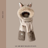 笙格儿火狐狸耳朵毛绒帽子女冬季保暖护耳雷锋帽子围巾手套秋冬天骑车帽 米色卡耳 帽子围巾手套一体