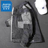 真维斯（Jeanswest）牛仔外套男春秋季宽松工装夹克拼接复古水洗痞帅上衣男装 NSB8212 黑色【春秋款】 XL