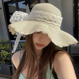 花语志草帽女帽子海边遮阳帽大檐防晒帽太阳帽防风帽编织帽草编沙滩帽 菱形蕾丝条草帽【米色】