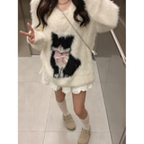 風采兔 毛衣女2024秋冬新款卡通韩系猫咪水貂毛v领慵懒风宽松软糯针织衫 白色 均码