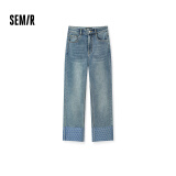 Semir[森柔牛仔]牛仔裤女翻边印花直筒裤酷炸街秋季个性长裤街头 牛仔中蓝88201 26