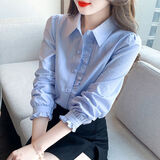 忆思减木耳边单排扣女士衬衣春夏秋2025新款宽松薄款上衣翻领长袖衬衫 蓝色 L 105-115斤