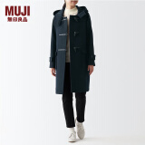 无印良品（MUJI）女式羊毛混牛角扣大衣长款连帽毛呢呢子外套秋冬季外衣女装 深藏青色2A XL (165/92A)