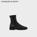 CHARLES&KEITH复古方头拉链低跟时装靴短靴踝靴子女靴CK1-90900090 Black黑色 35