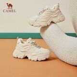 骆驼（CAMEL）老爹鞋女网布皮面拼接双系带厚底休闲鞋 L24S283079 杏色 37