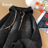 Cebrodz法国 砂洗做旧卫衣男潮牌春季重磅宽松连帽外套男士秋冬加绒上衣 黑色 L