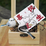 肥啾纯手工木雕小鸟生日礼物银喉北长尾山雀实木桌面摆件 1只蓝山+1只北长+木盒 北长尾山雀