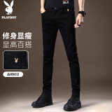 花花公子（PLAYBOY）牛仔裤男裤子男春夏季男士休闲裤修身潮流弹力小脚裤 黑色 32