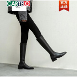 卡帝乐鳄鱼（CARTELO）时尚真皮长筒靴女秋冬2025新款小个子长靴中筒百搭骑士靴子 黑色加绒 39